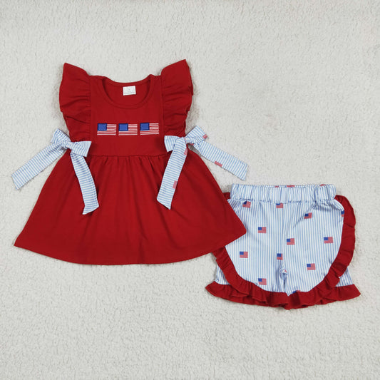 GSSO2375 Flag Embroidery Red Tunic Top Stripes Shorts Girls 4th of July Clothes Set