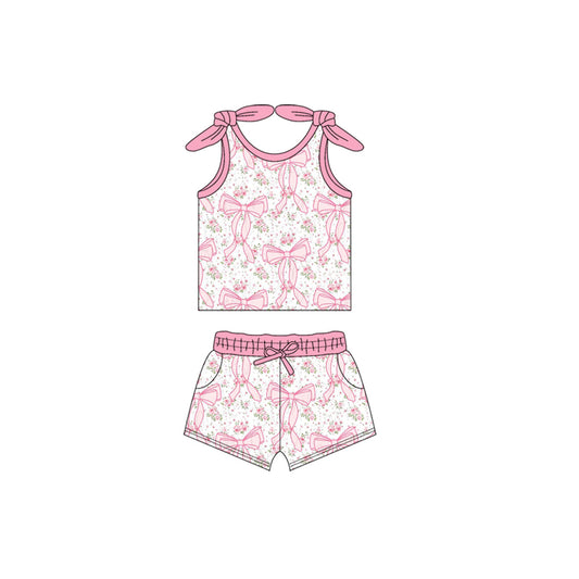 (Pre-order)GSSO2376 Pink Flowers Bows Print Girls Summer Clothes Set