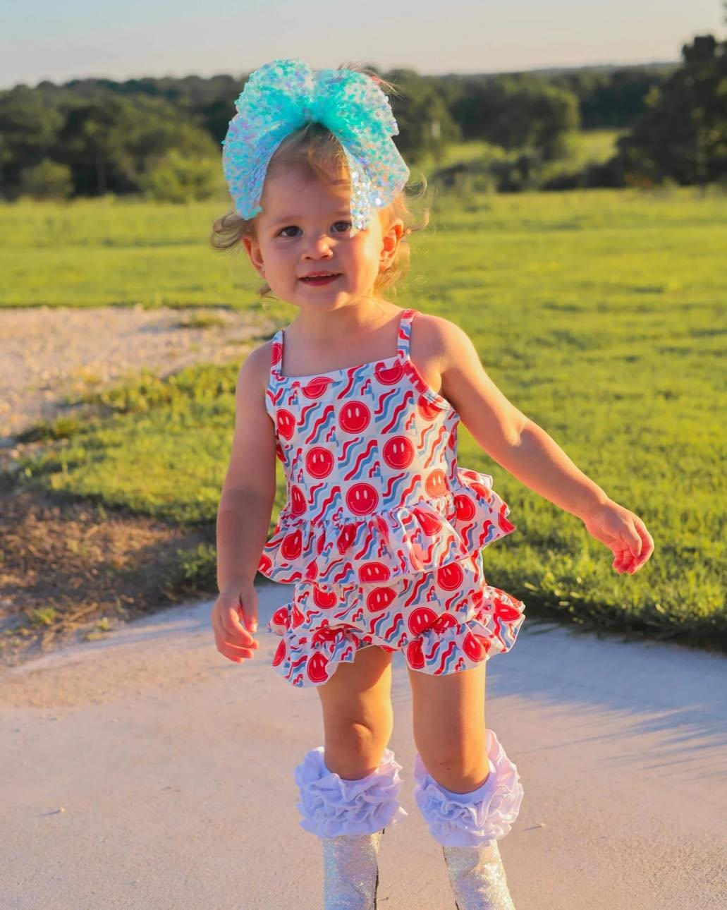 (Pre-order)GSSO2378 Smiling Face Print Shorts Girls 4th of July Clothes Set