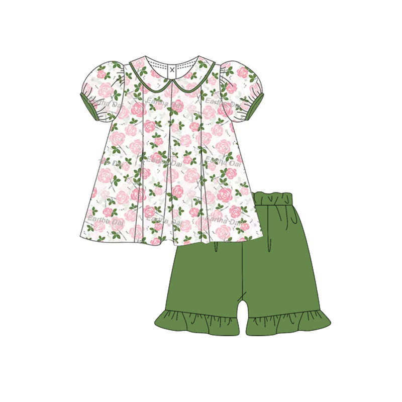 (Pre-order)GSSO2381 Pink Flowers Leaf Tunic Top Green Shorts Girls Summer Clothes Set