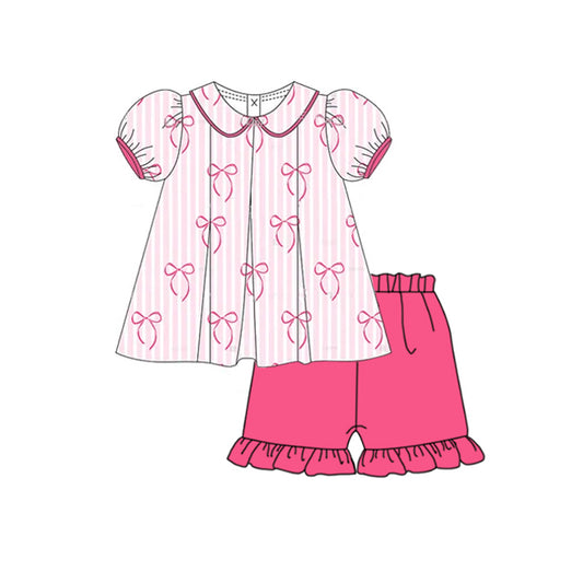 (Pre-order)GSSO2382 Bows Stripes Tunic Top Pink Shorts Girls Summer Clothes Set