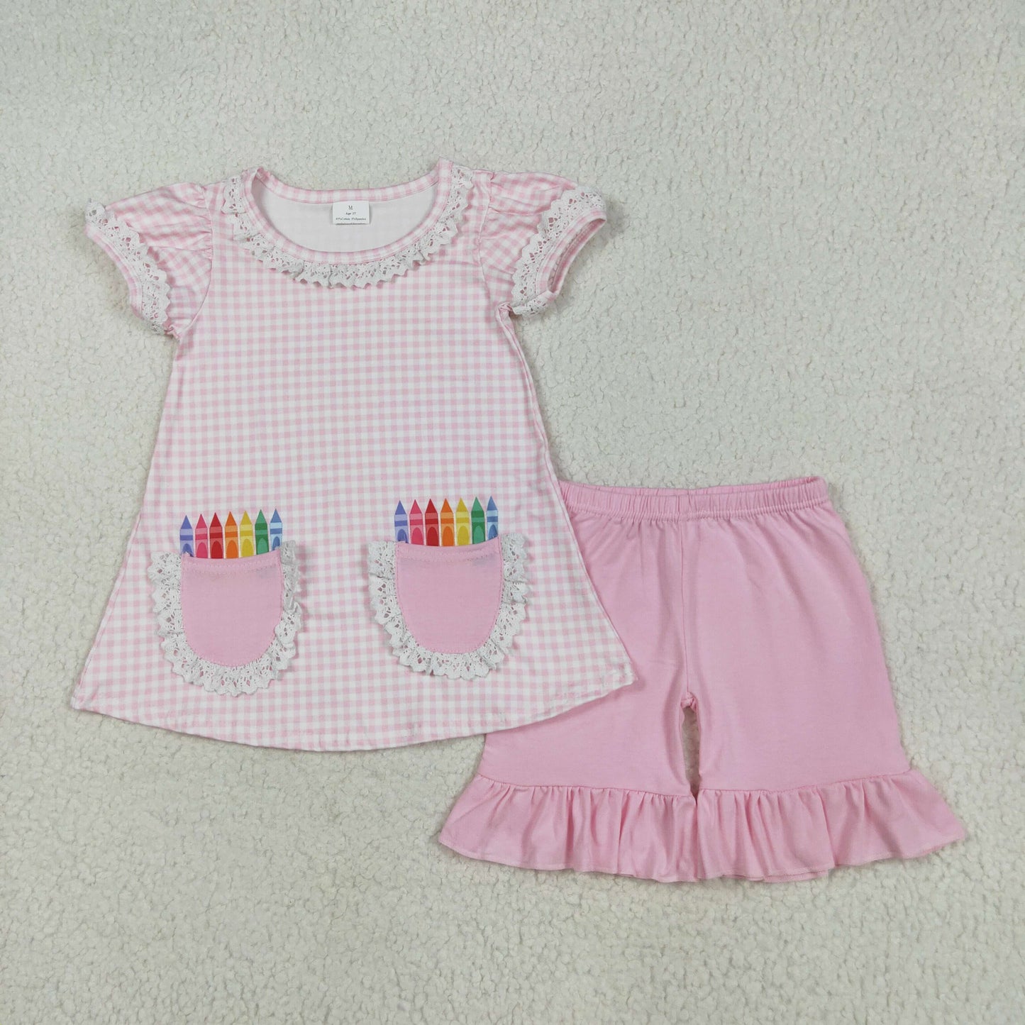 GSSO2388 Pen Pockets Plaid Top Pink Shorts Girls Back to School Clothes Set
