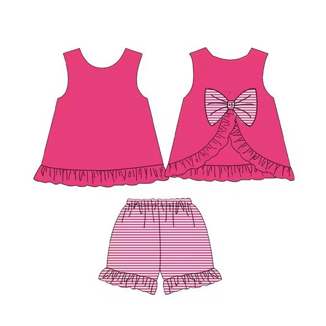 (Pre-order)GSSO2395 Hot Pink Backless Bow Top Stripes Shorts Girls Summer Clothes Set