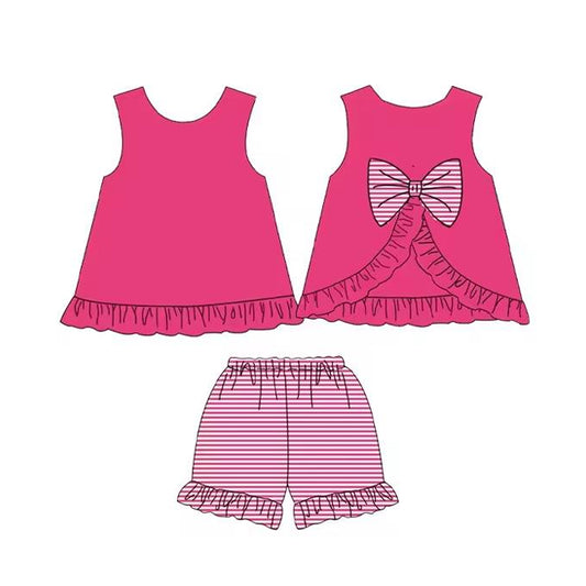 (Pre-order)GSSO2395 Hot Pink Backless Bow Top Stripes Shorts Girls Summer Clothes Set