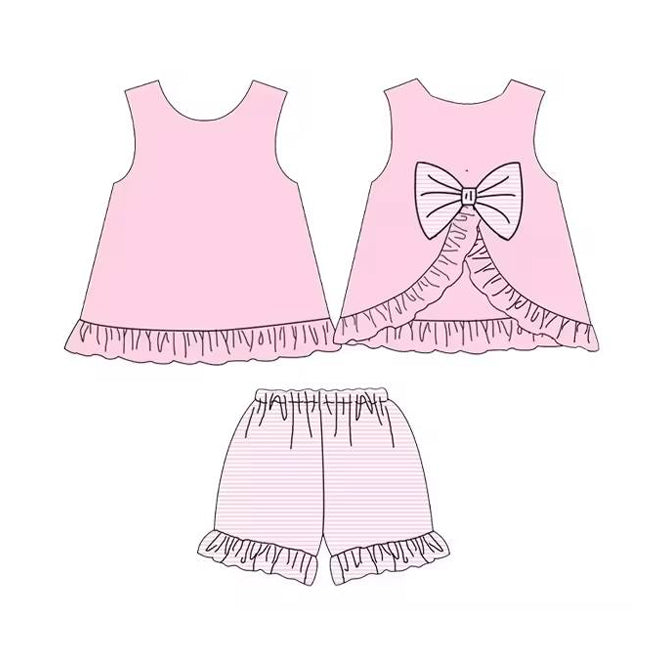 (Pre-order)GSSO2397 Pink Backless Bow Top Stripes Shorts Girls Summer Clothes Set