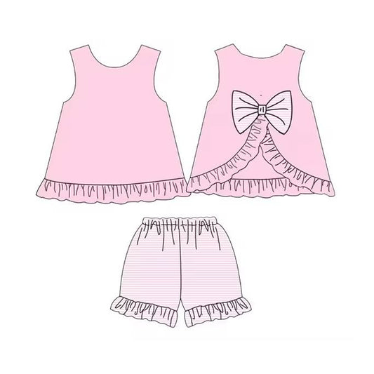 (Pre-order)GSSO2397 Pink Backless Bow Top Stripes Shorts Girls Summer Clothes Set