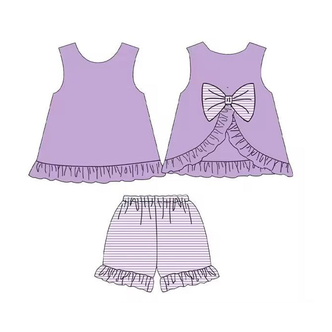 (Pre-order)GSSO2398 Purple Backless Bow Top Stripes Shorts Girls Summer Clothes Set