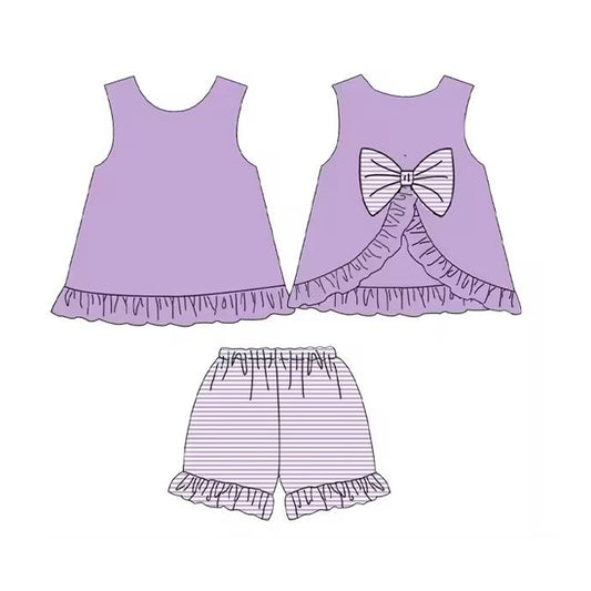 (Pre-order)GSSO2398 Purple Backless Bow Top Stripes Shorts Girls Summer Clothes Set