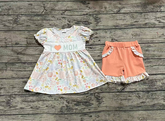 (Pre-order)GSSO2408 I LOVE MOM Flowers Tunic Top Orange Shorts Girls Summer Clothes Set