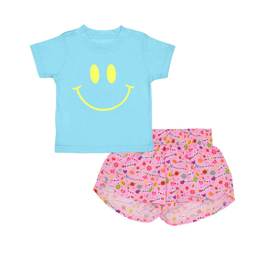 (Pre-order)GSSO2411 Smiling Face Vinyl Blue Top Flowers Shorts Girls Summer Clothes Set