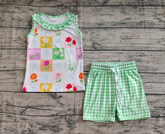 (Pre-order)GSSO2415 Flowers Tank Top Green Plaid Shorts Girls Summer Clothes Set