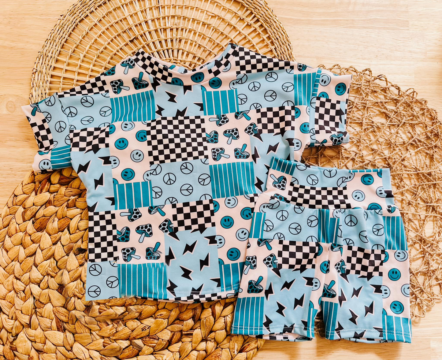 (Pre-order)GSSO2435 Smiling Face Blue Plaid Print Shorts Boys Summer Clothes Set