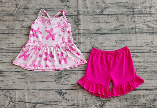 (Pre-order)GSSO2439 Dog Balloon Flowers Tunic Top Hot Pink Shorts Girls Summer Clothes Set