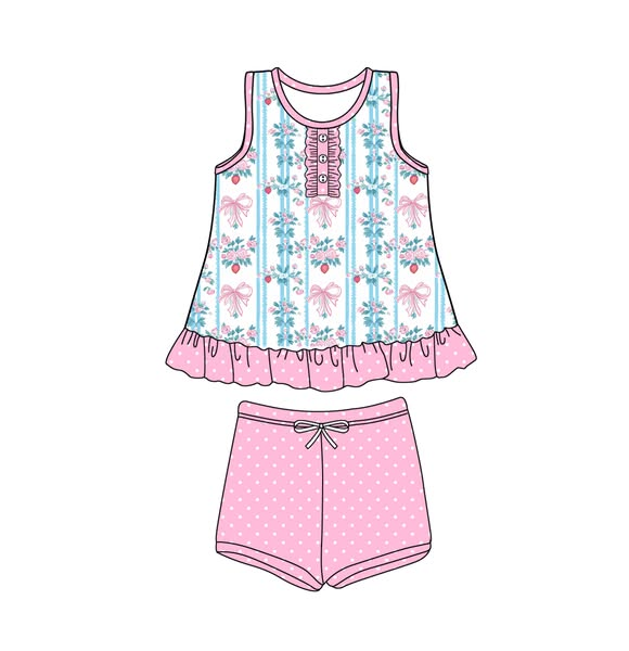 (Pre-order)GSSO2443 Small Flowers Bows Top Dots Shorts Girls Summer Clothes Set