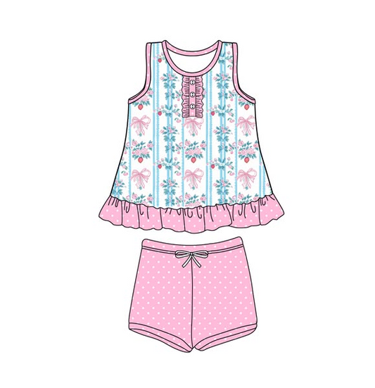 (Pre-order)GSSO2443 Small Flowers Bows Top Dots Shorts Girls Summer Clothes Set