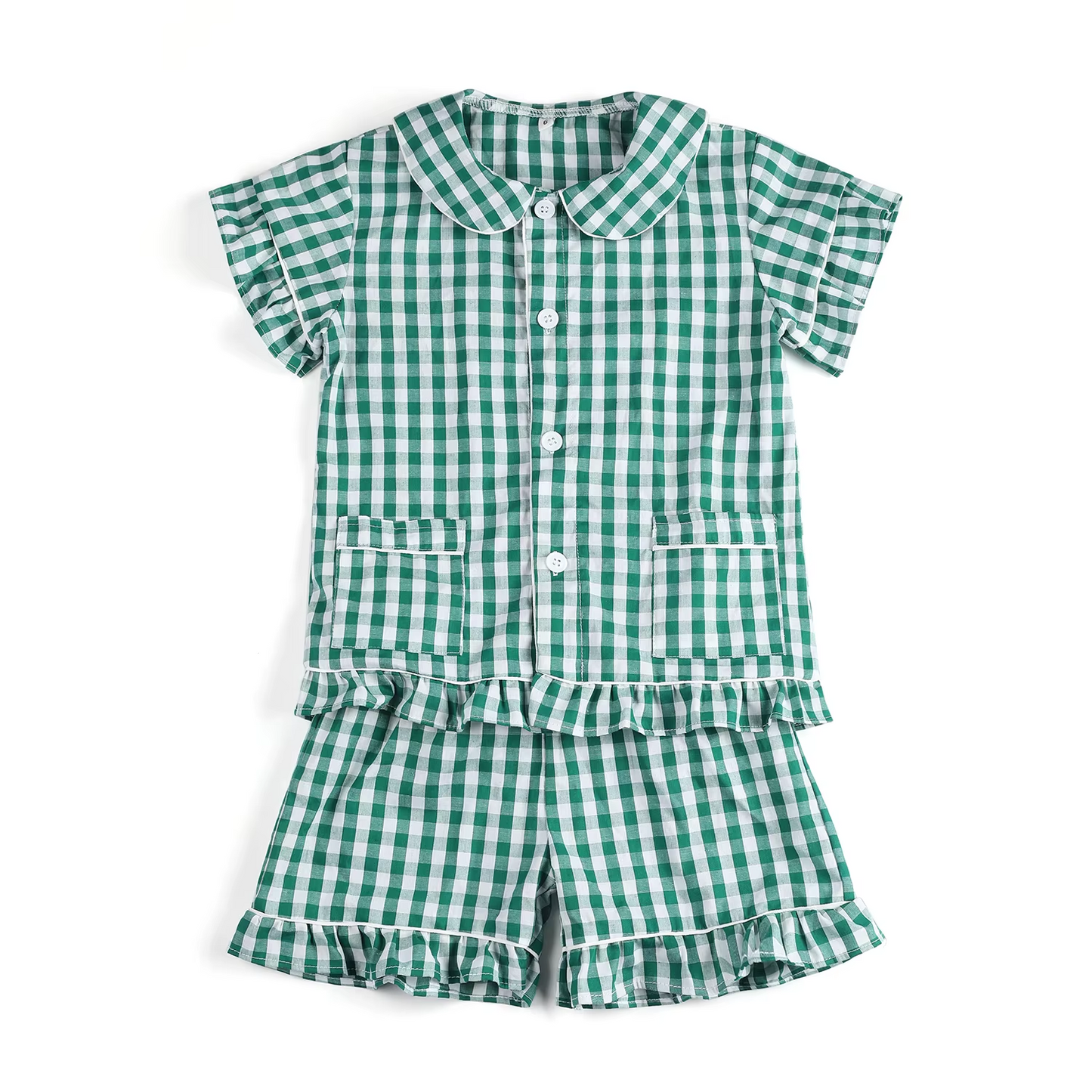 (Pre-order)GSSO2445 Green Plaid Print Girls Summer Buttons Pajamas Clothes Set