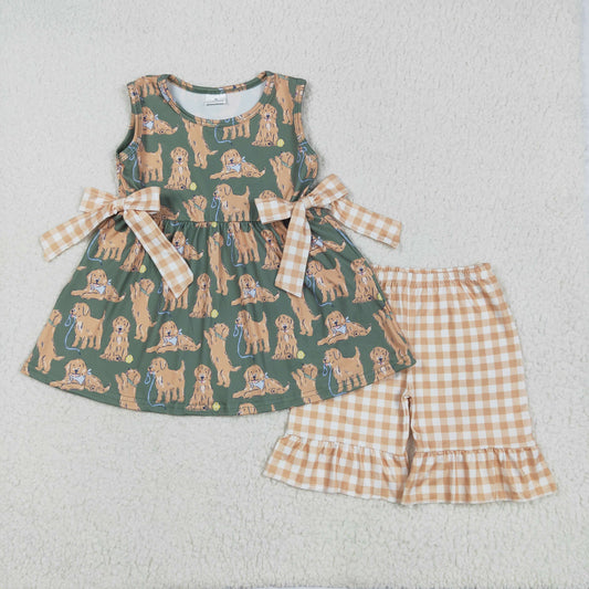 GSSO2449 Dog Tunic Top Plaid Shorts Girls Summer Clothes Set