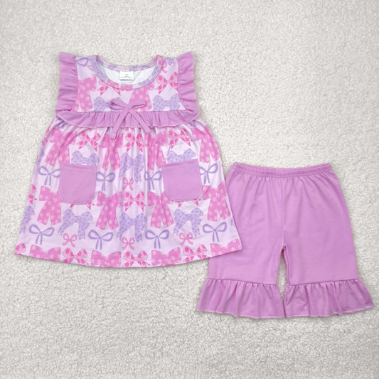 GSSO2462 Bows Flowers Tunic Top Pink Shorts Girls Summer Clothes Set