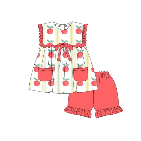 (Pre-order)GSSO2467 Apple Pockets Tunic Top Red Shorts Girls Back to School Clothes Set