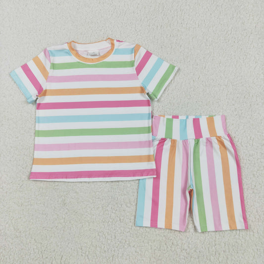 GSSO2468  Colorful Stripes Print Shorts Girls Summer Clothes Set