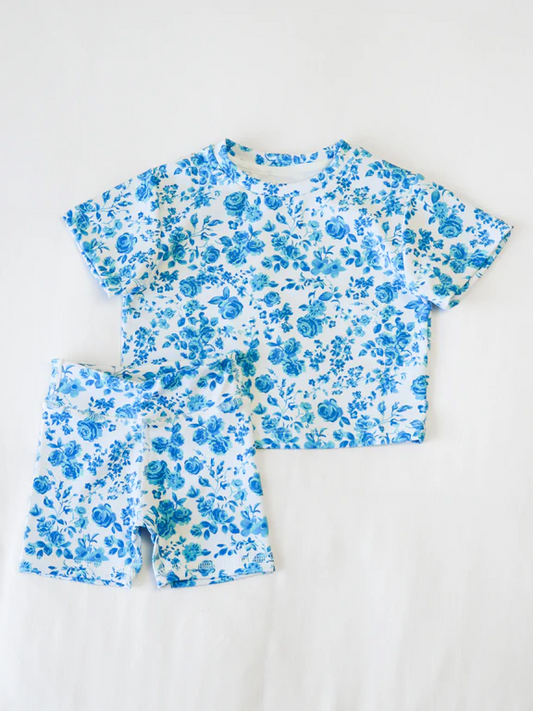 (Pre-order)GSSO2469 Blue Flowers Print Shorts Girls Summer Clothes Set