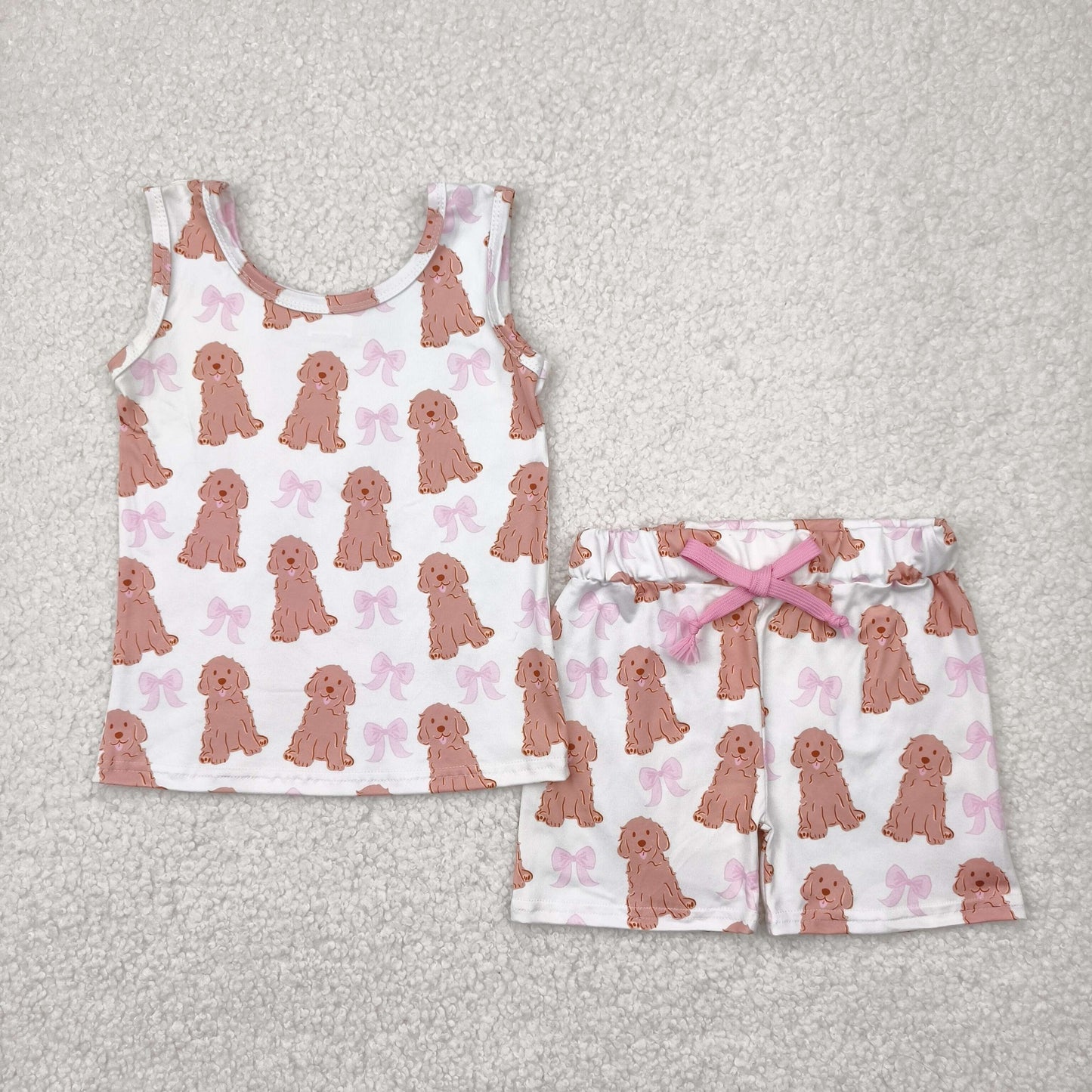 GSSO2475  Dog Bows Print Tank Top Shorts Girls Summer Clothes Set