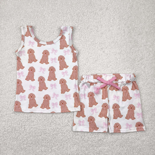 GSSO2475  Dog Bows Print Tank Top Shorts Girls Summer Clothes Set