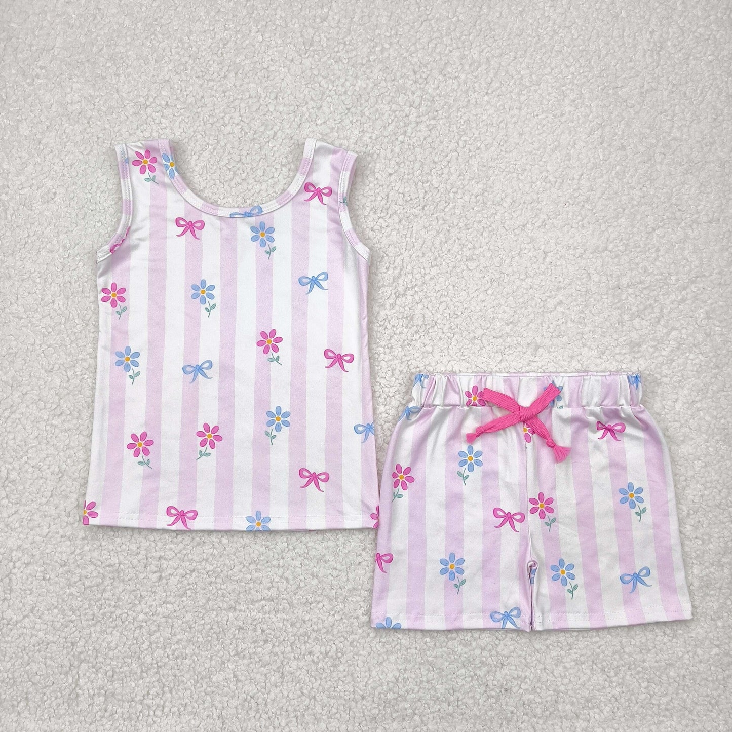 4 Colors Bows Print Tank Top Shorts Girls Summer Clothes Set Sisters Wear
