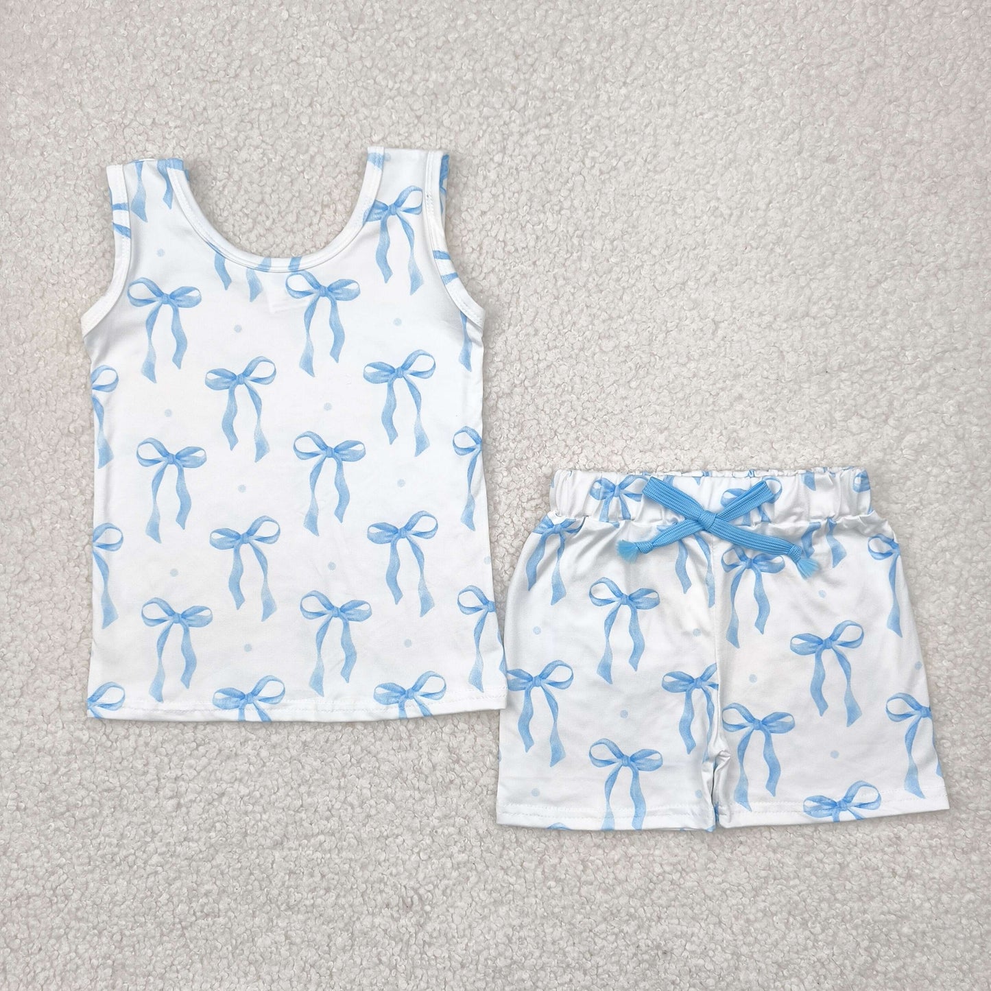 GSSO2478  Blue Bows Print Tank Top Shorts Girls Summer Clothes Set
