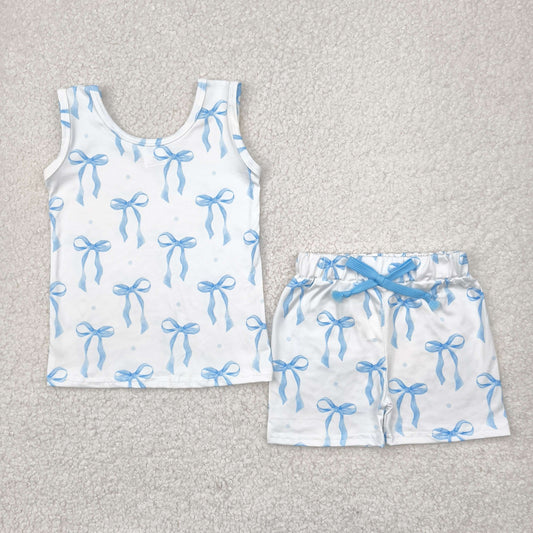 GSSO2478  Blue Bows Print Tank Top Shorts Girls Summer Clothes Set