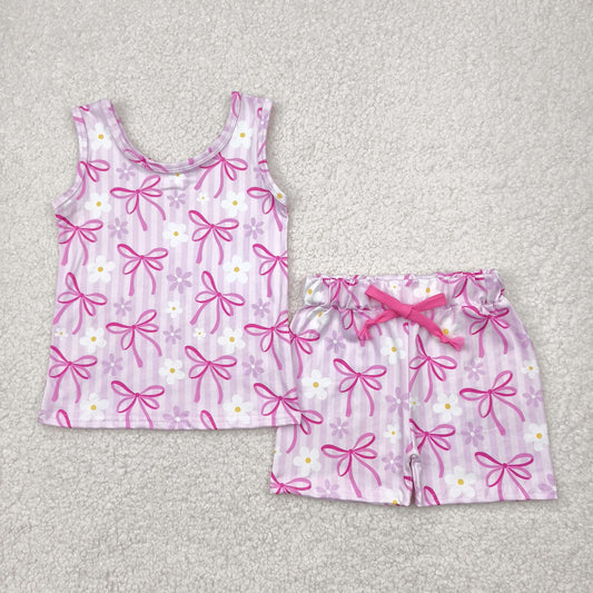 GSSO2479  Pink Bows Flowers Tank Top Shorts Girls Summer Clothes Set