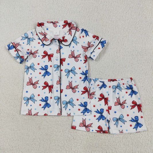 GSSO2484  Red Blue Bows Stars Print Girls 4th of July Buttons Pajamas Clothes Set