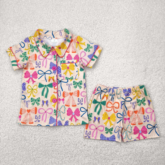 GSSO2487  Colorful Bows Print Girls Buttons Summer Pajamas Clothes Set