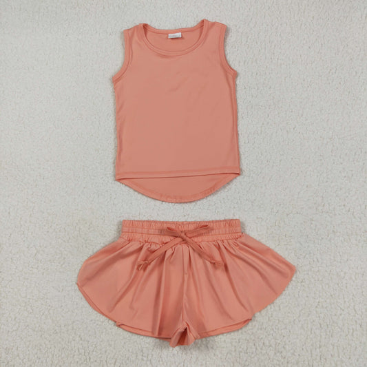 GSSO2502 Peach Tank Top Flutter Shorts Girls Summer Yoga Clothes Set