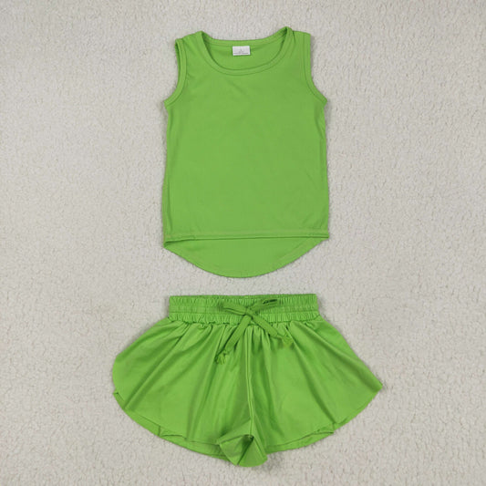GSSO2503 Green Tank Top Flutter Shorts Girls Summer Yoga Clothes Set