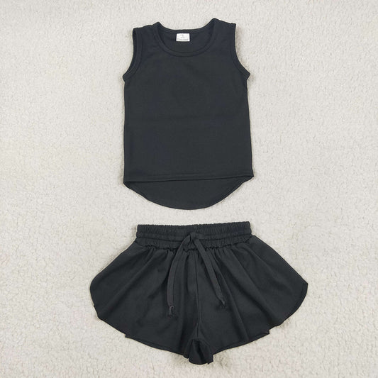 GSSO2505 Black Color Tank Top Flutter Shorts Girls Summer Yoga Clothes Set