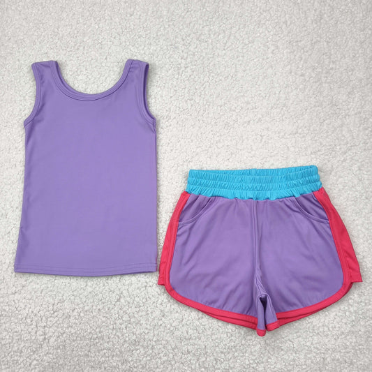 GSSO2506 Purple Tank Top Pockets Shorts Girls Summer Yoga Clothes Set