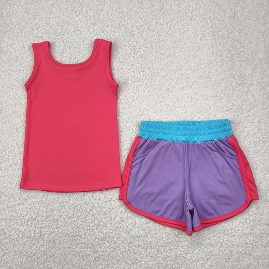 GSSO2507 Hot Pink Tank Top Pockets Shorts Girls Summer Yoga Clothes Set
