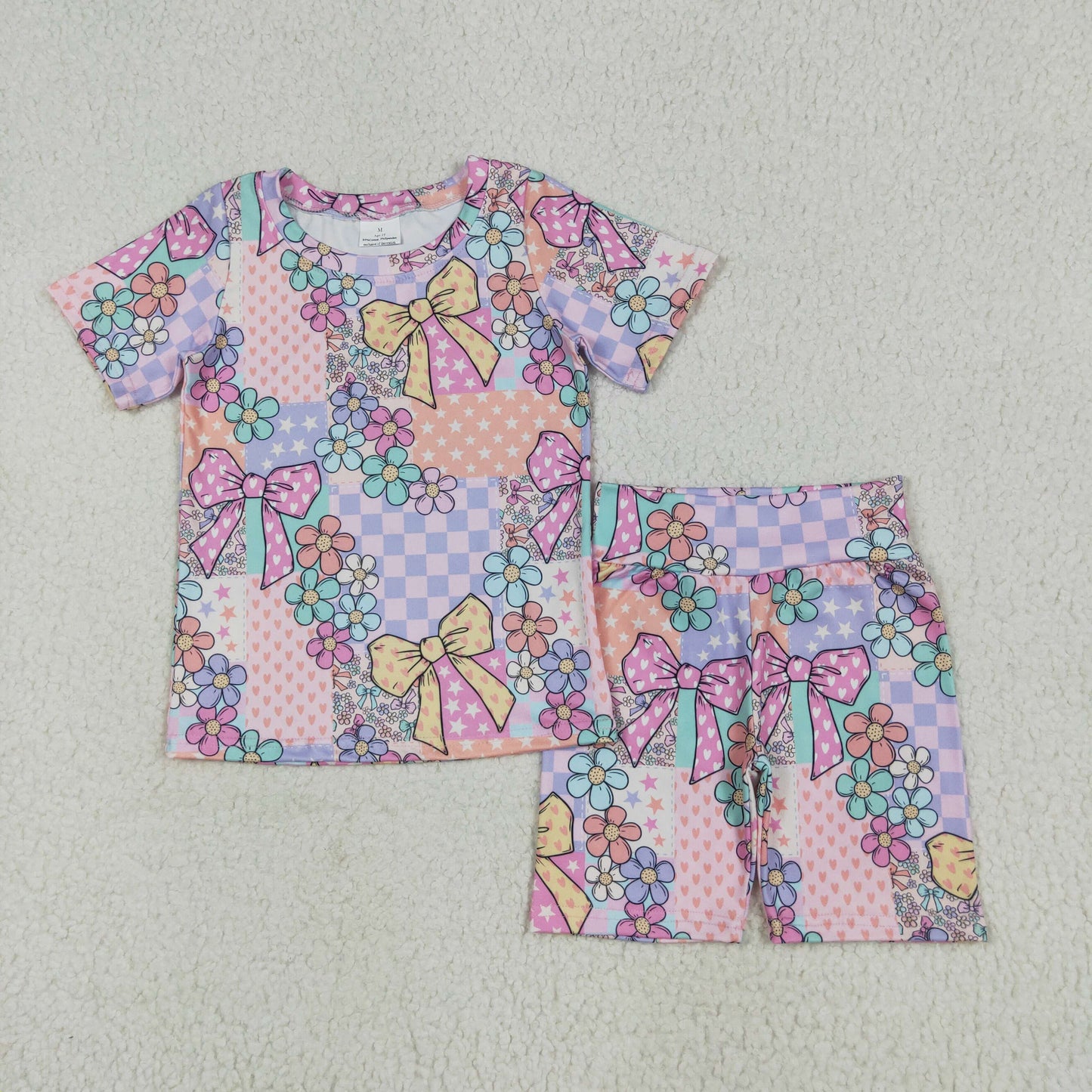 GSSO2509 Colorful Flowers Bows Print Shorts Girls Summer Clothes Set