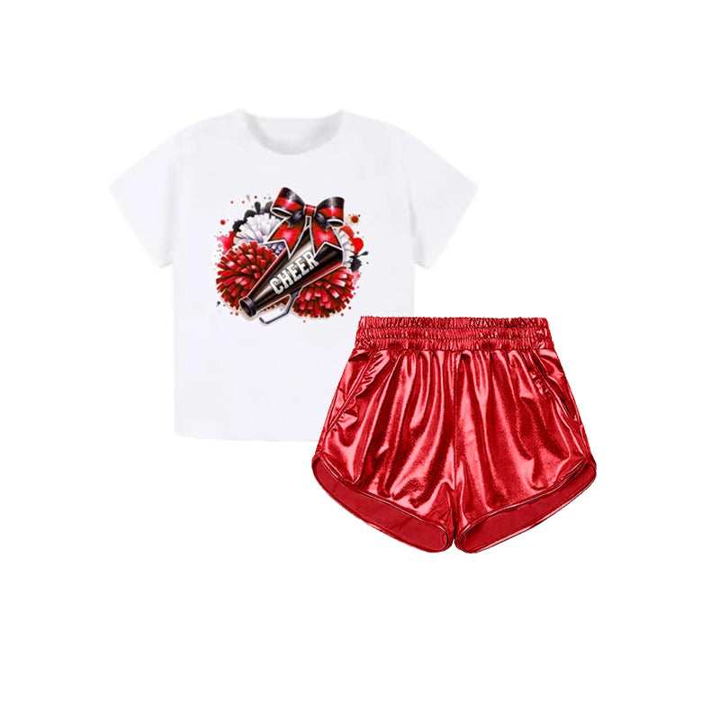 (Pre-order)GSSO2514 Cheer Bow Top Red Pleather Shorts Girls Summer Clothes Set