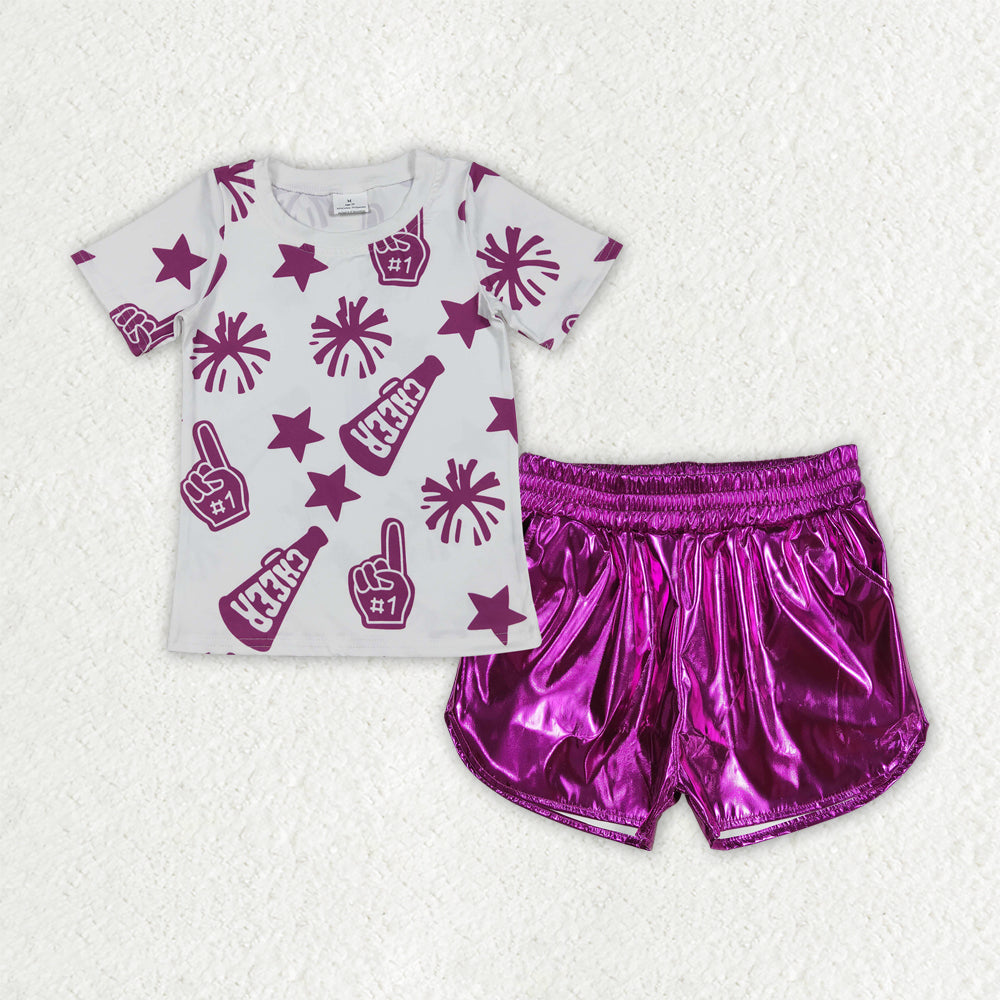 GSSO2515 Cheer Top Purple Pleather Shorts Girls Summer Clothes Set
