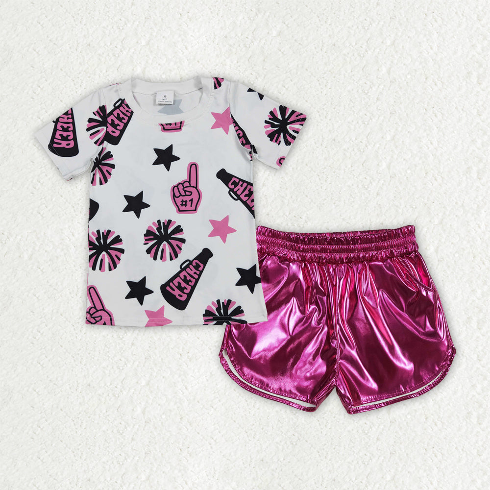 GSSO2516 Cheer Top Hot Pink Pleather Shorts Girls Summer Clothes Set