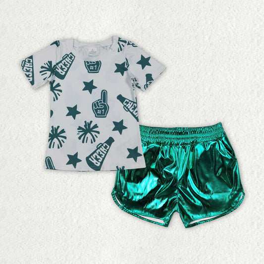 GSSO2517 Cheer Top Green Pleather Shorts Girls Summer Clothes Set