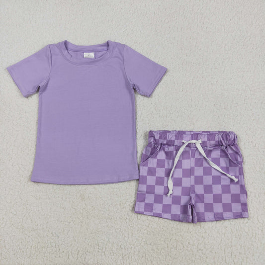 GSSO2524 Purple Top Plaid Shorts Girls Summer Clothes Set