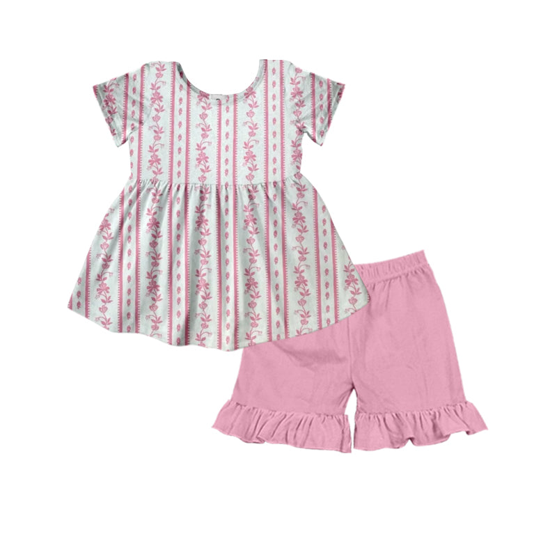 (Pre-order)GSSO2530 Pink Flowers Tunic Top Ruffle Shorts Girls Summer Clothes Set