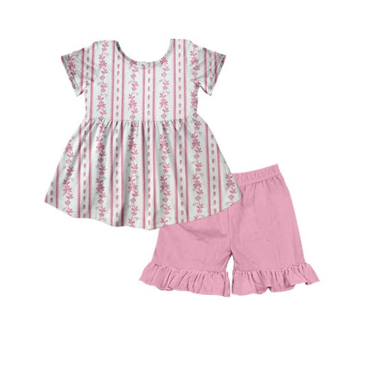 (Pre-order)GSSO2530 Pink Flowers Tunic Top Ruffle Shorts Girls Summer Clothes Set