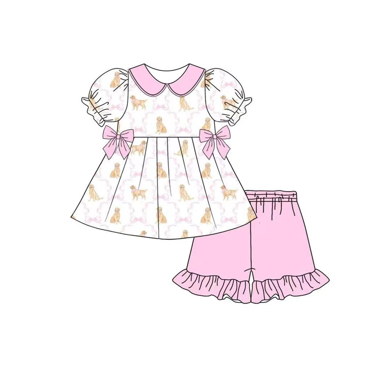 (Pre-order)GSSO2532 Dog Bows Tunic Top Pink Shorts Girls Summer Clothes Set