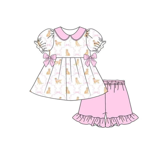 (Pre-order)GSSO2532 Dog Bows Tunic Top Pink Shorts Girls Summer Clothes Set