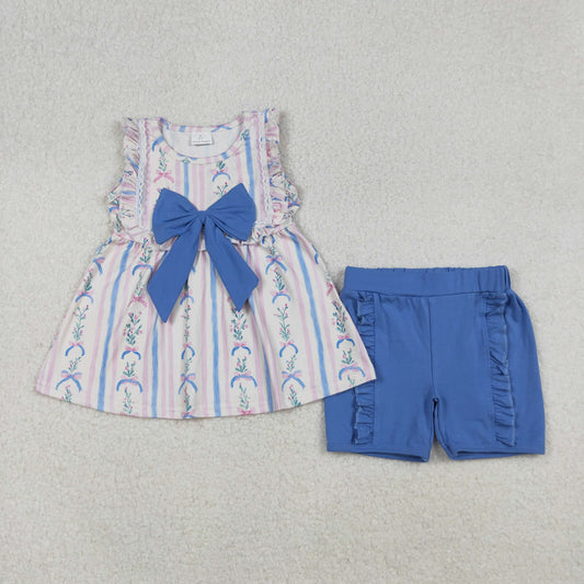 GSSO2533  Flowers Stripes Tunic Top Blue Shorts Girls Summer Clothes Set