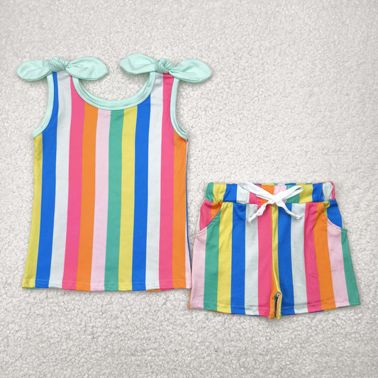 GSSO2540 Colorful Stripes Print Girls Summer Clothes Set